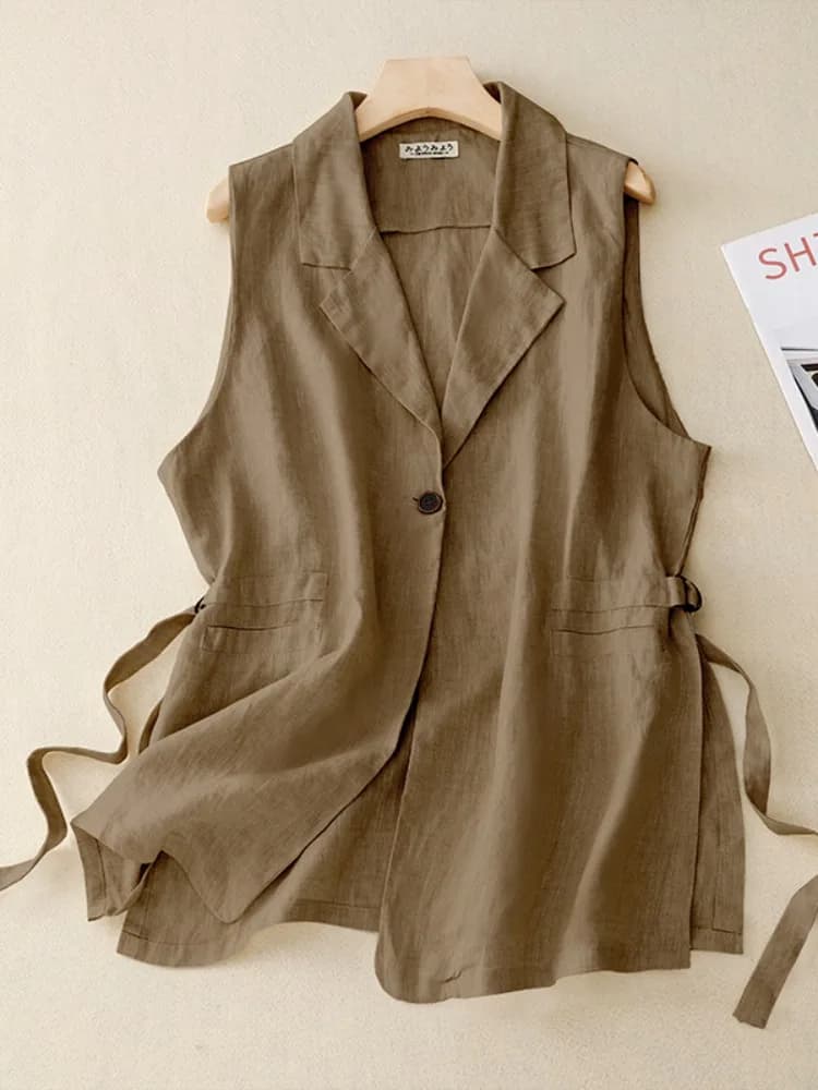 Casual Cotton Linen Vest Women's Summer Thin Outerwear Open Slit Shoulder Linen Vest Jacket Mid-Length Sleeveless Suit