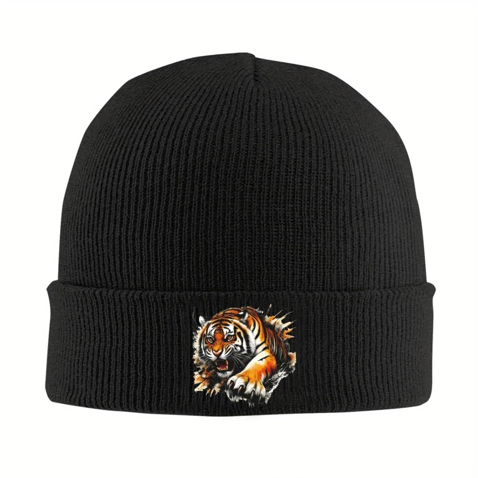 Aggressive Tiger Graphic Knit Beanie Hat Windproof Warm Winter Ski Hat Cold Weather Outdoor Sports Accessory