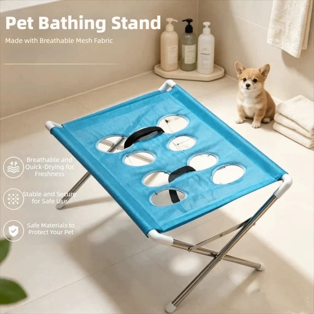 Foldable Pet Grooming Table Quick-Dry Mesh Non-Slip Pet Bathing Stand Stainless Steel Frame Stable Structure