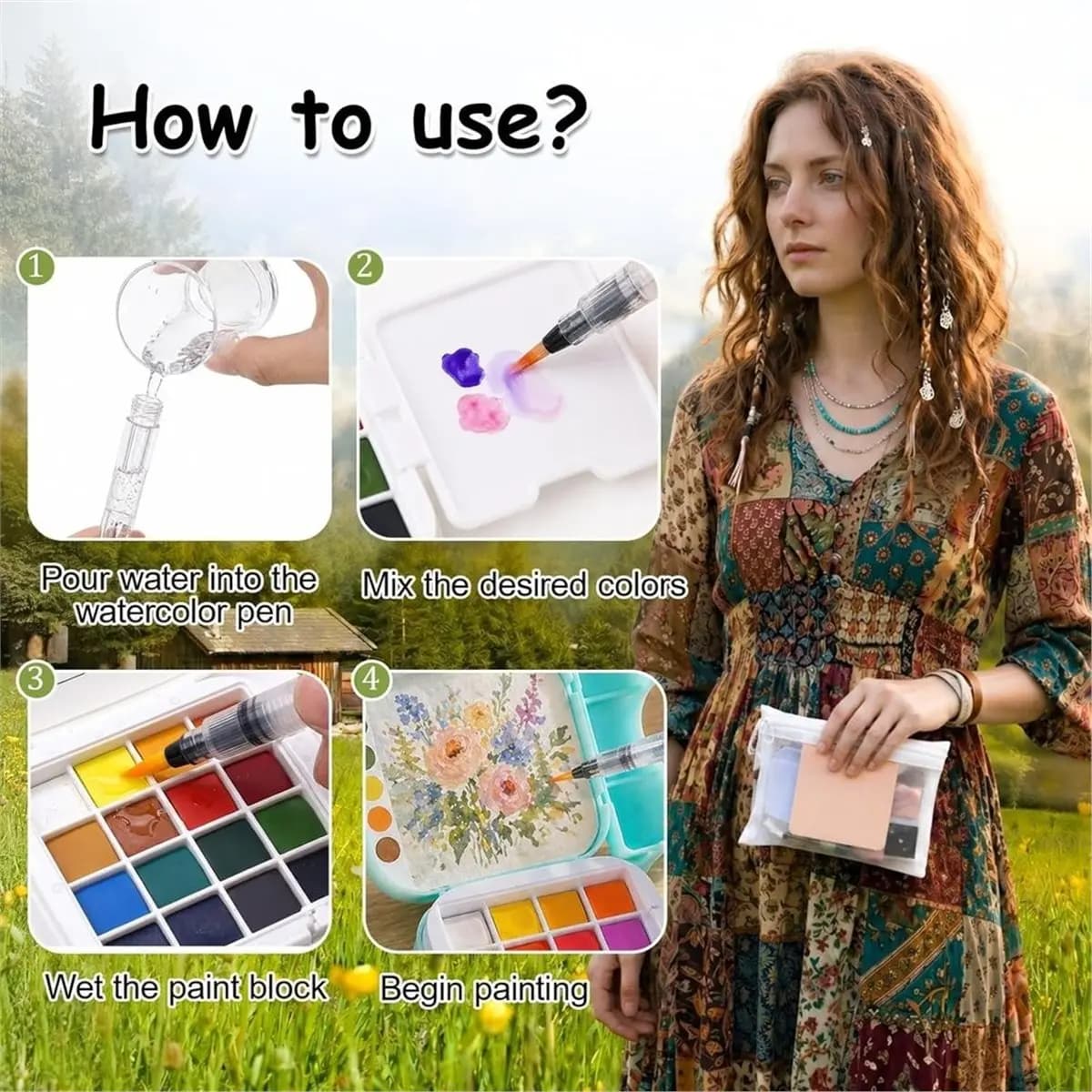 HOT Mini Travel Watercolor Paint Set - Pocket Water Colors Paint Kit with 16 Colors, Sketchbook, Brush, Clip,for Beginners B 【SP