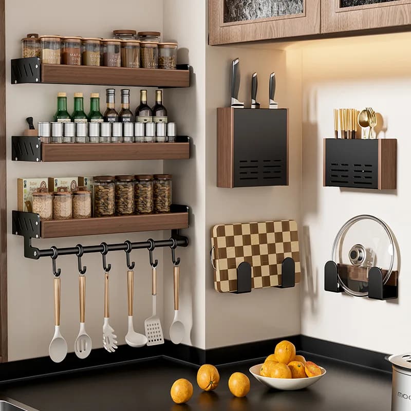 Walnut wood kitchen shelf, wall organizer, condiments holder, knife holder, wand holder, without drill, kitchen shelf