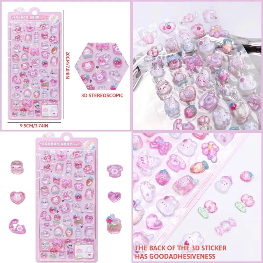 Adesivi 3D Cute Cartoon Pink Rabbit Puff - Mini adesivi riutilizzabili gonfi Kawaii per album di ritagli, pianificatori, diari, laptop, telefono C