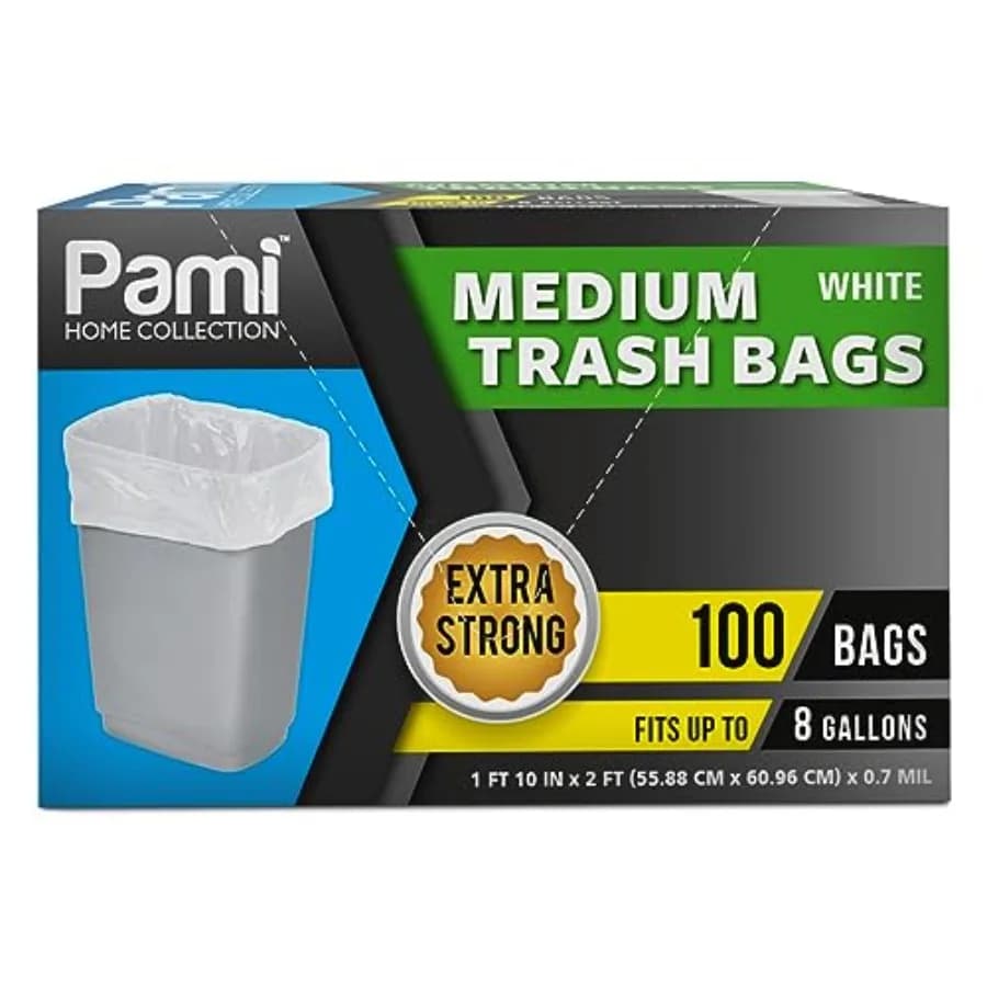 Medium 8-Gallon Trash Bags 100-Pack, White - Strong Multipurpose Plastic Wastebasket - Unscented Can Liners For Kitchen Bathroo
