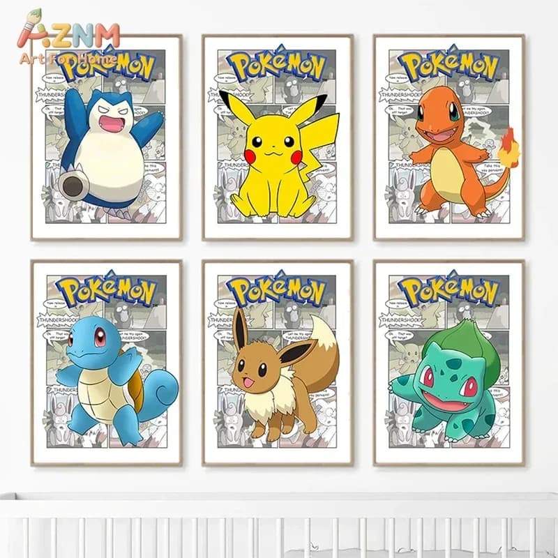 AZNM Pokemon Comic Style Canvas Wall Art Print, Pikachu Snorlax Charmander Poster for Kids Bedroom Decor, No Frame