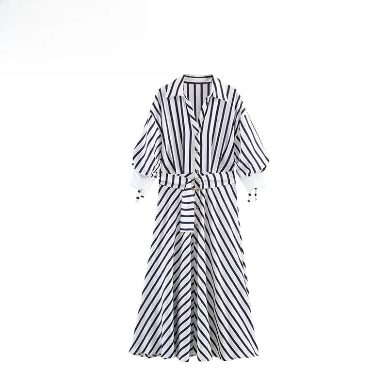 Abito a Righe alla Moda con Cintura, Nuovo Arrivo Estivo, Abbigliamento Femminile Versatile, Vestito Casual in Poliestere a Maniche Lunghe