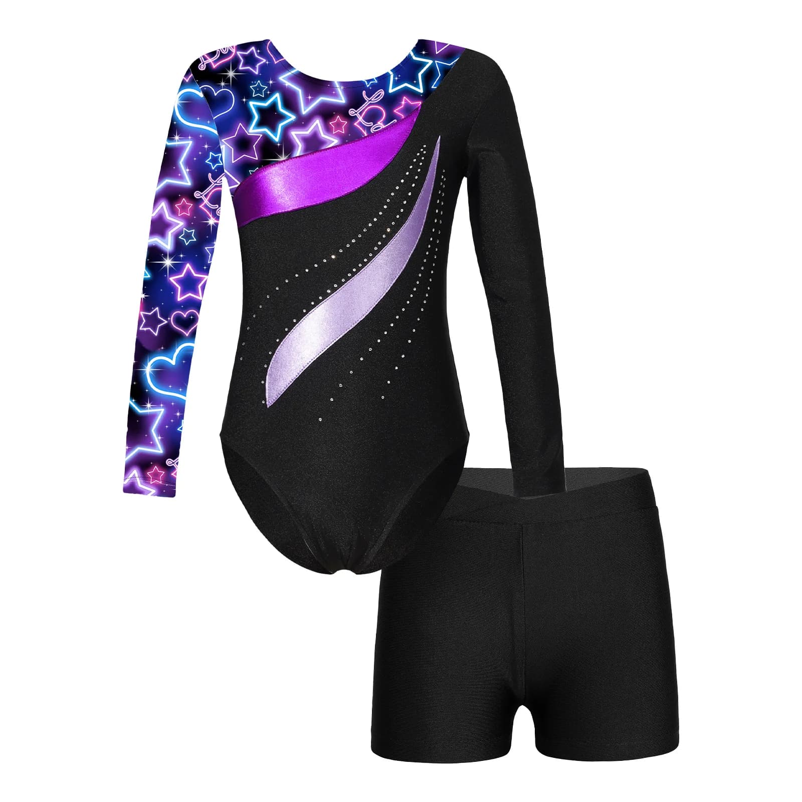 Bambini ragazze balletto danza body pattinaggio di figura ginnastica Yoga Costume manica lunga strass body con pantaloncini costumi da bagno