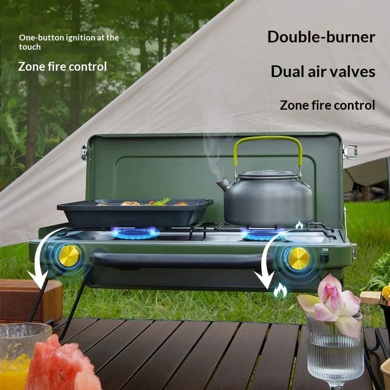 Fornello da Campeggio Portatile a Gas con Doppio Bruciatore, Antivento, per Butano e Propano, Kit Barbecue da Esterno Leggero e Portatile