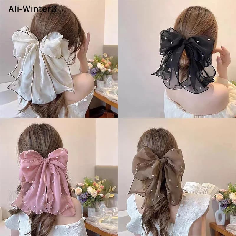 Eleganti Fermagli per Capelli con Fiocco in Nastro e Perle per Donne, Clip per Coda di Cavallo in Chiffon, Accessori Dolci per Acconciature