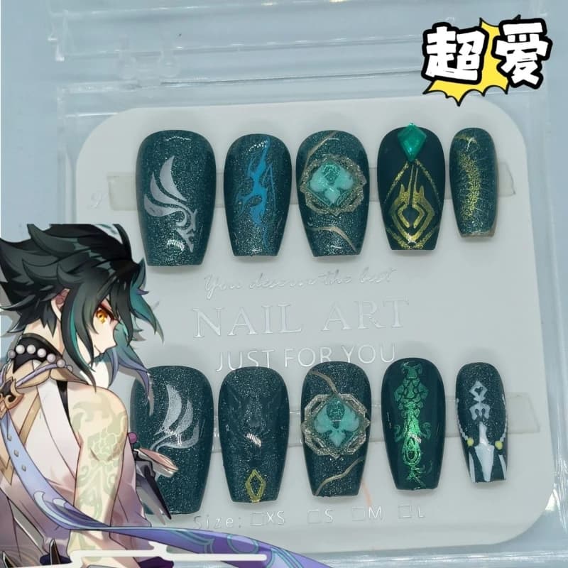 Gioco Impact Xiao personalizzazione fatta a mano Cosplay gioco di ruolo unghie finte staccabili unghie finte artificiali di bellezza per unghie intere