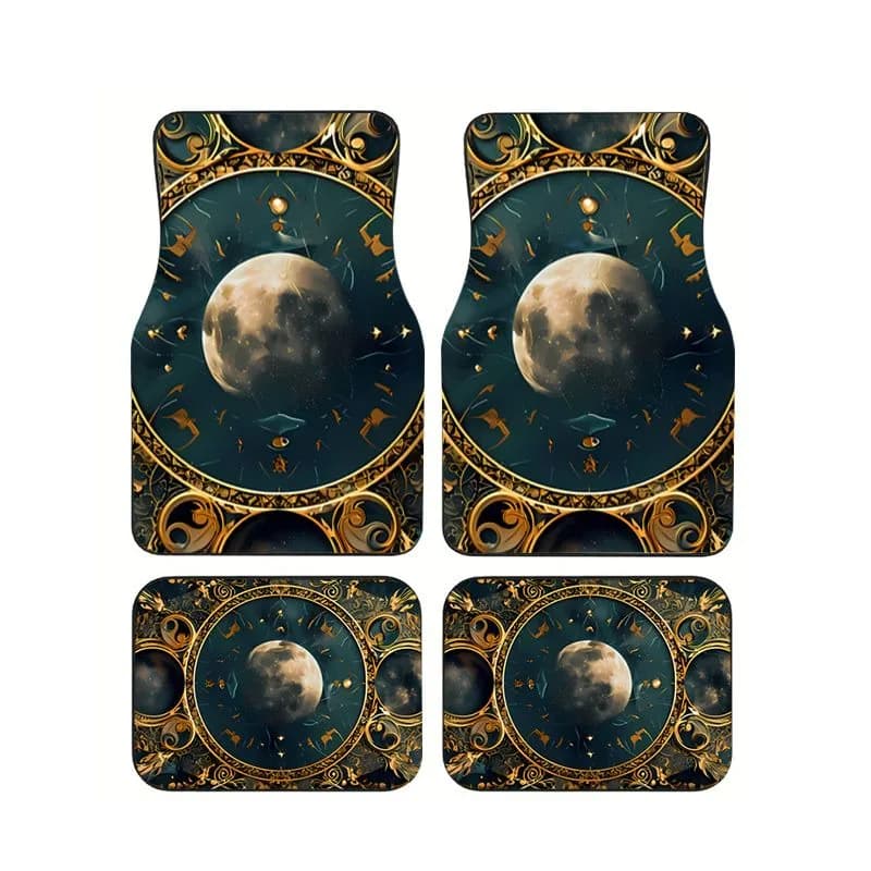 Tappetini per auto vintage con stampa di luna in oro verde acqua, 4 pezzi, tappeti universali antiscivolo per interni auto