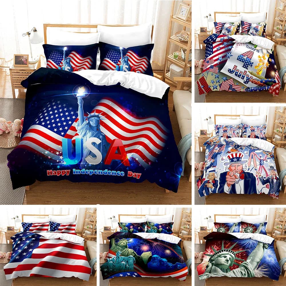 Bed linen set with 3 pieces print of Independence Day, single, double, king size, for adults, per bedroom, with pillowcase