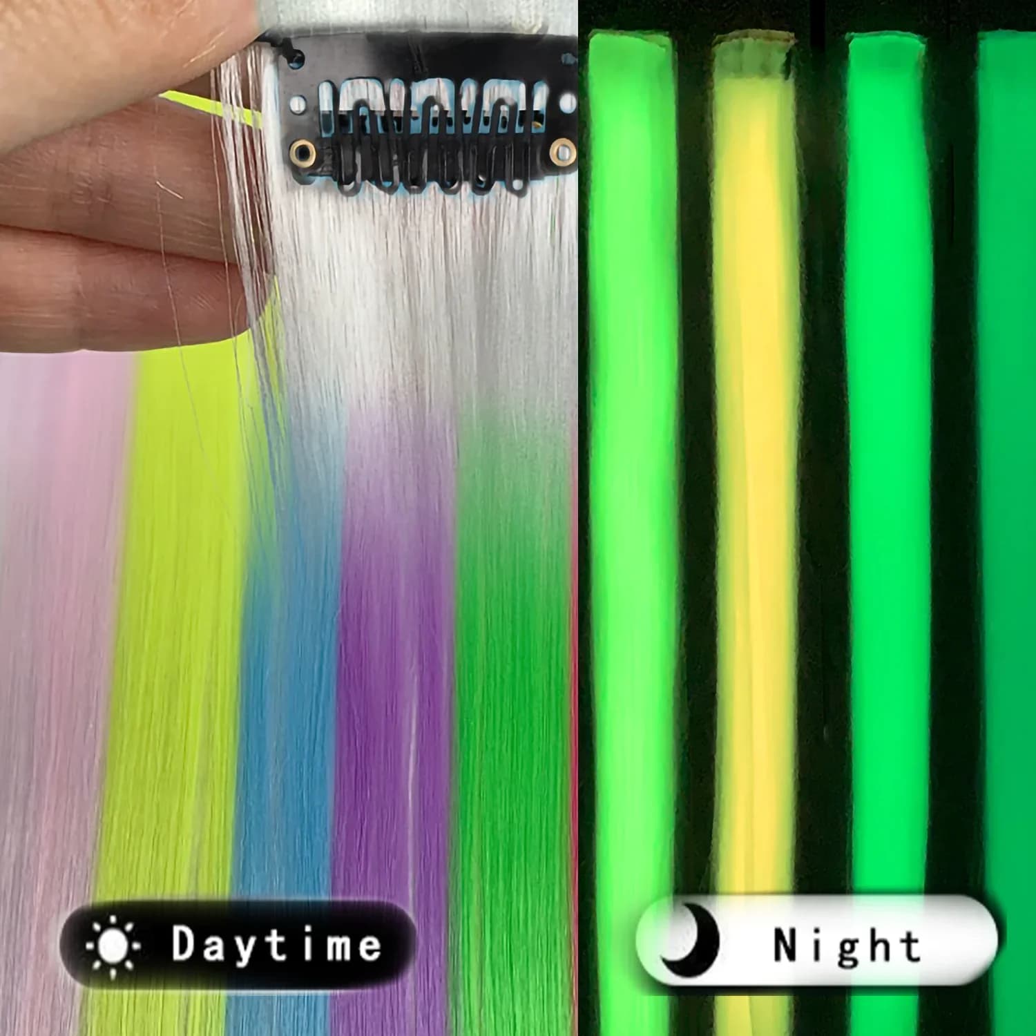 5pc 20 Inch Glow in The Dark Hair Extensions Clip Luminous Colored Hairpieces Party Rainbow Hair Clips Synthetic Straight Wig