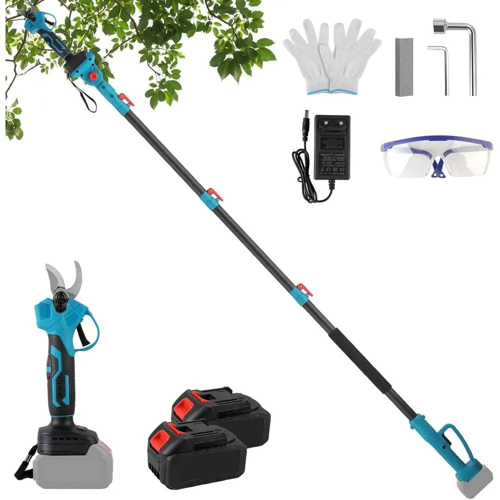 Electric pruning shears 2 in 1, battery shears without brushes with rod, 21 V shaft pruning machine with 2 pieces 4,0 Ah battery, 1" cut