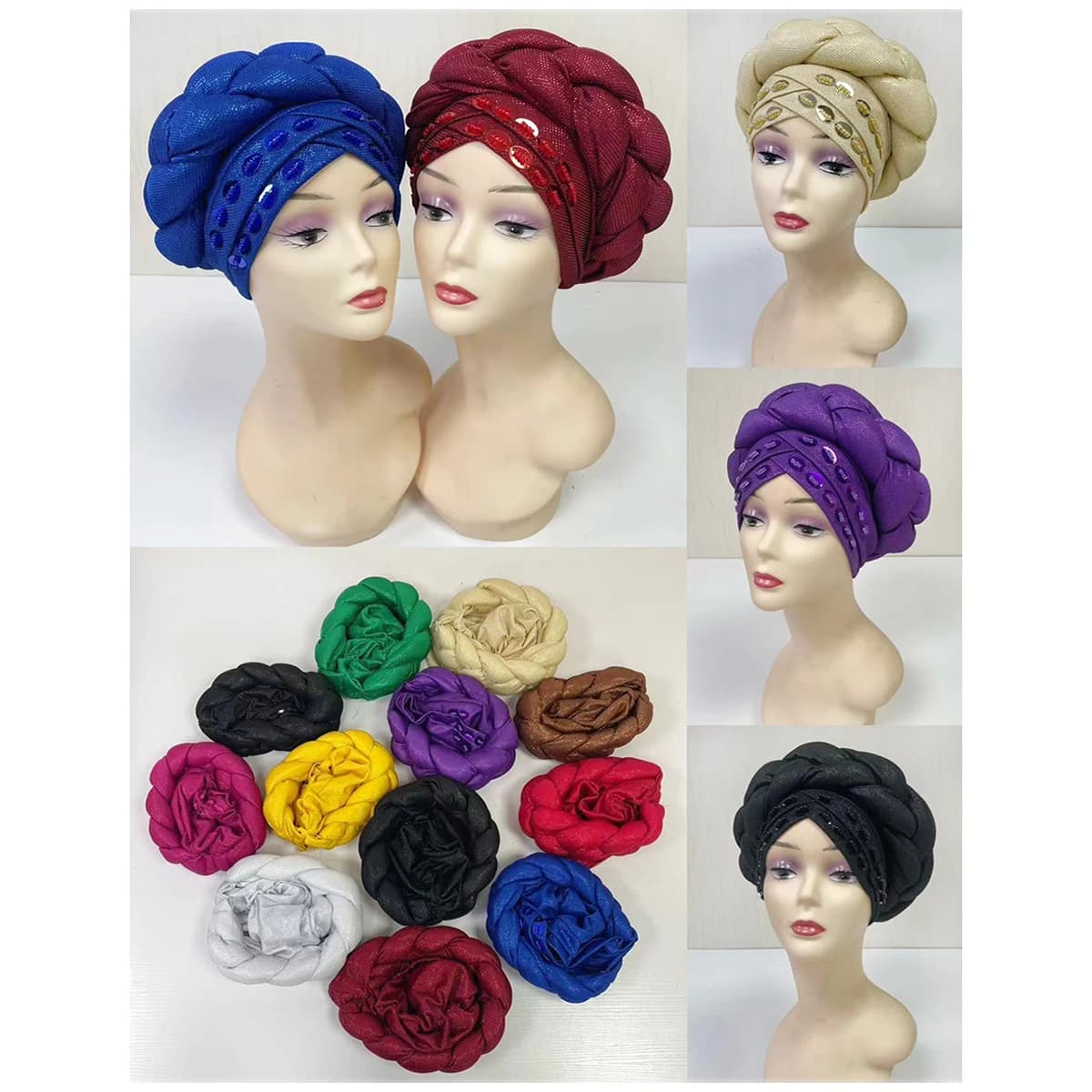 Ingrosso 6/12 Pezzi Cappello Turbante Musulmano da Donna in Velluto con Strass, Berretto Indiano Solido per Capelli da Donna