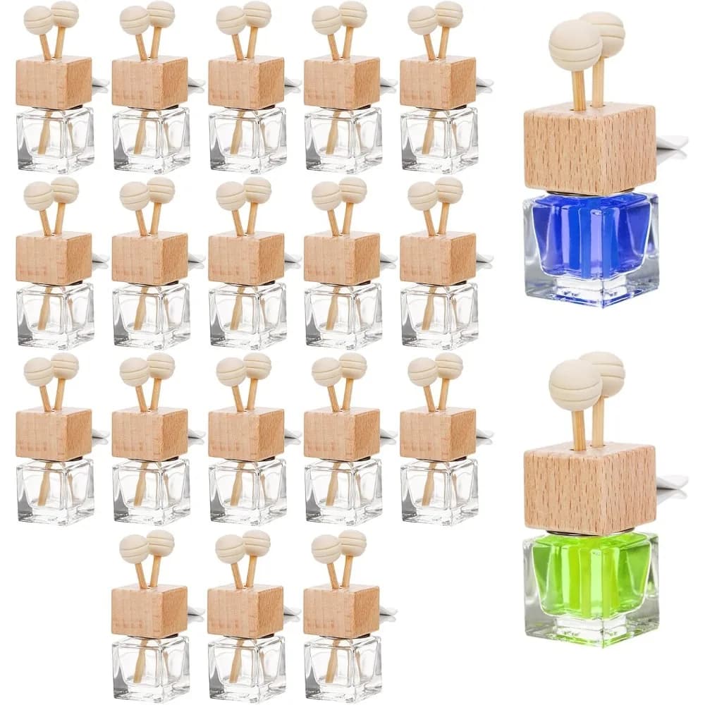 Confezione da 20 flaconi per diffusore per auto vuoti, flacone per diffusore di olio essenziale con clip di sfiato, flacone per profumo in vetro trasparente, aroma con tappo in legno