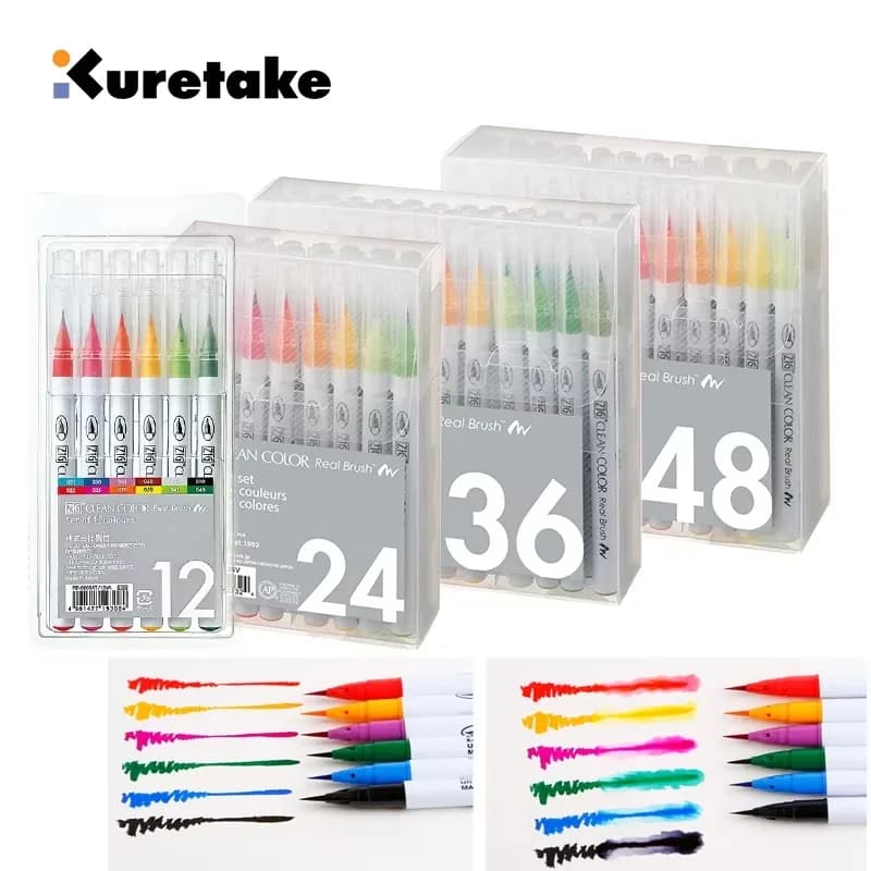 Japan Kuretake Zig Brush-Type Watercolor Pen, 4~120 Colos Set, For Professional and Artist, Coloring, Drawing, Calligraphy