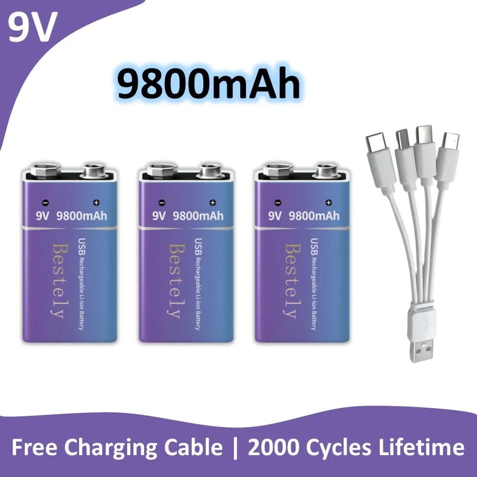 Batteria al litio 2025 Pro 9V 9800mAh, ricarica rapida di tipo C in 1H, batterie 9V per rilevatori di fumo, walkie-talkie, apparecchiature di test