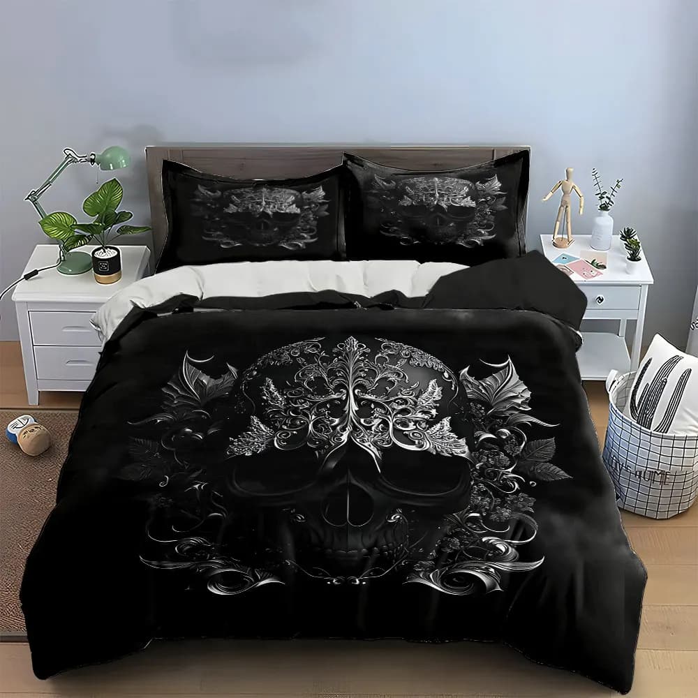 Set di decorazioni floreali con teschio, set di biancheria da letto con copripiumino morbido e confortevole, include 1 copripiumino e 2 federe, regalo