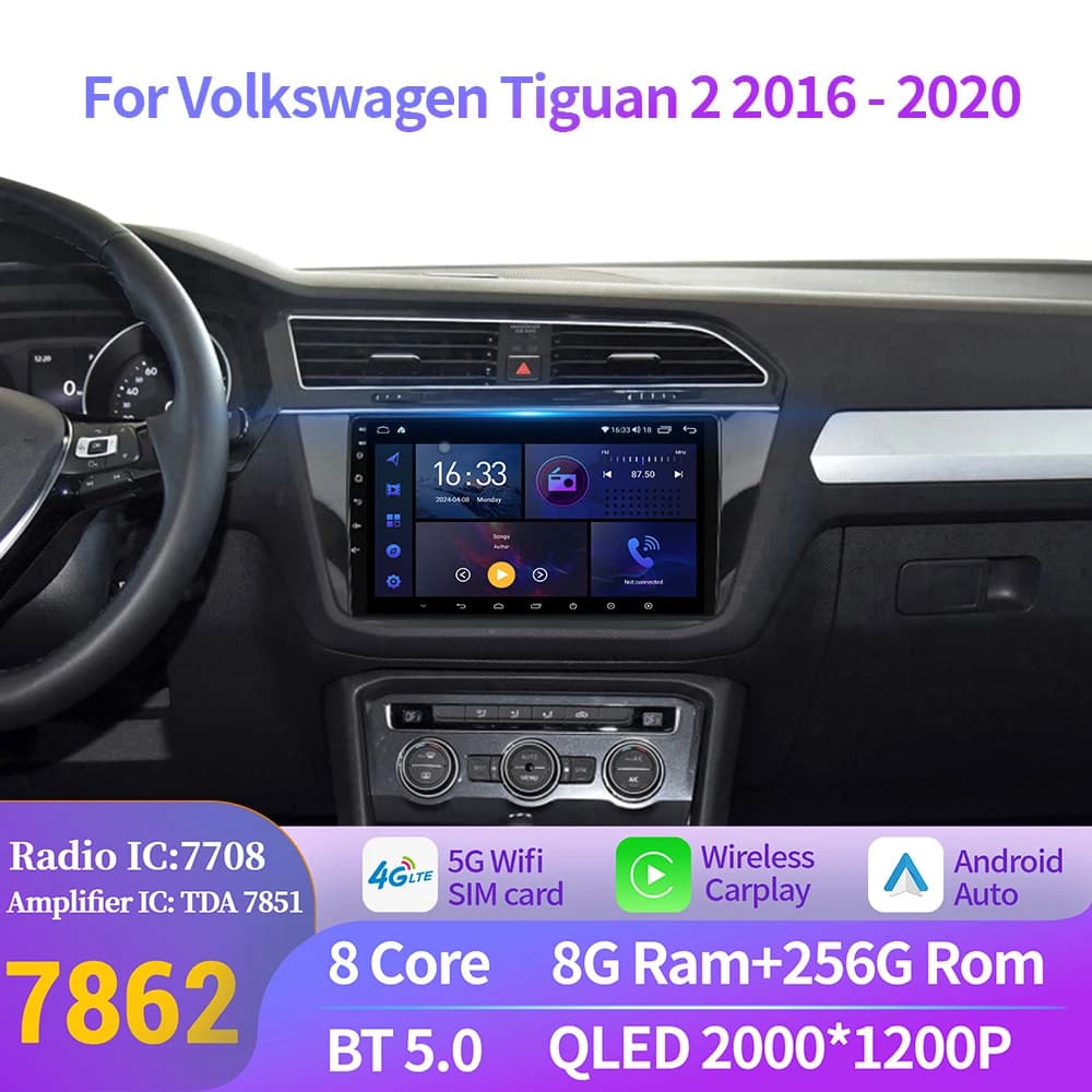 Per Volkswagen Tiguan 2 2016-2020 Autoradio Video Android 14 WIFI Navigazione GPS BT Carplay Multimedia Touch 2K QLED Schermo