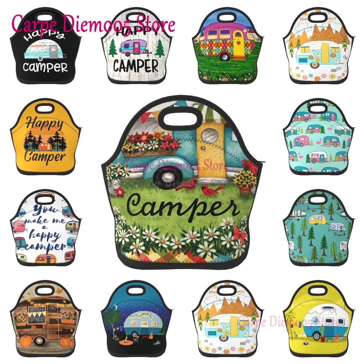 Happy Camper Borsa per il pranzo in neoprene/Scatola per il pranzo/Borsa per il pranzo/Borse da picnic Borsa termica isolata Organizzatore da viaggio Scuola Lavoro Ufficio