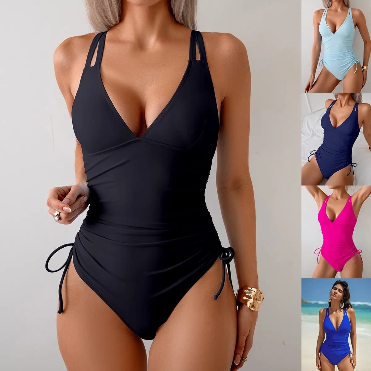 Costume da bagno intero nero tinta unita con scollo a V, vita arricciata, spalline all'americana, taglio alto alle gambe, senza maniche; Costume da bagno rosa tinta unita