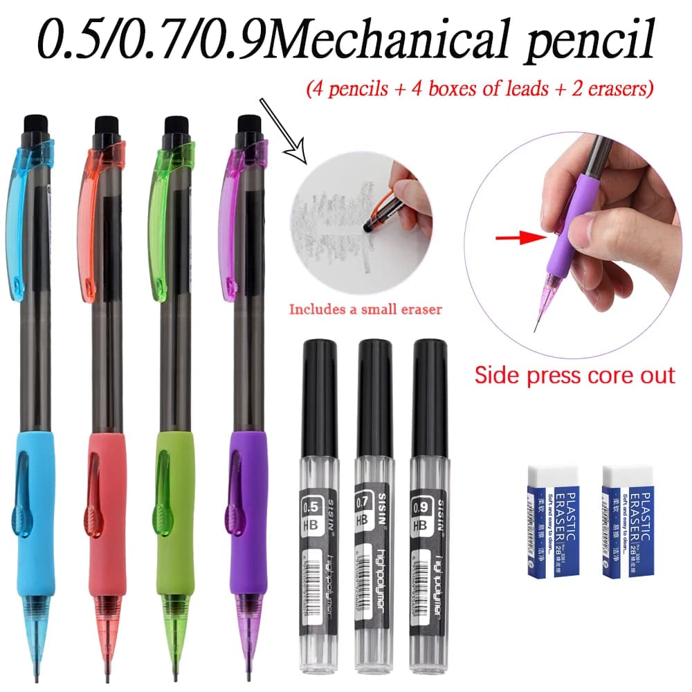High Quality 0.5/0.7/0.9mm Side Press Mechanical Pencils Set with 4box Leads,2 eraser,Student School Writing Drawing Supplies