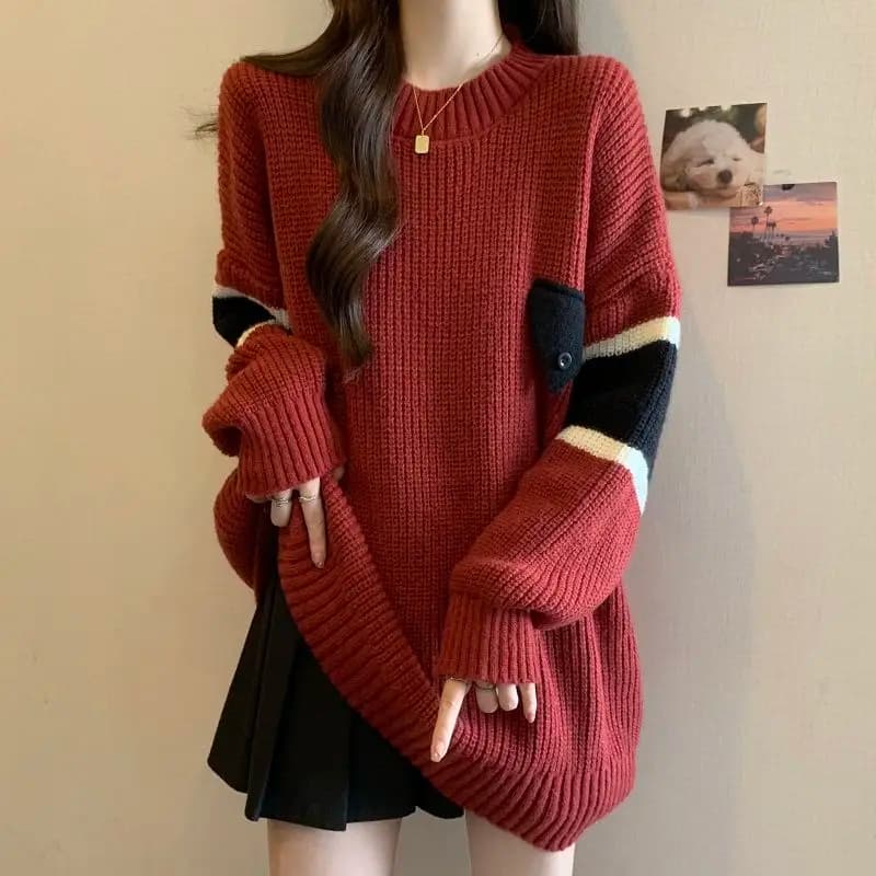 Maglione pullover ampio di media lunghezza da donna in autunno e inverno girocollo manica lunga stampato maglione versatile top casual