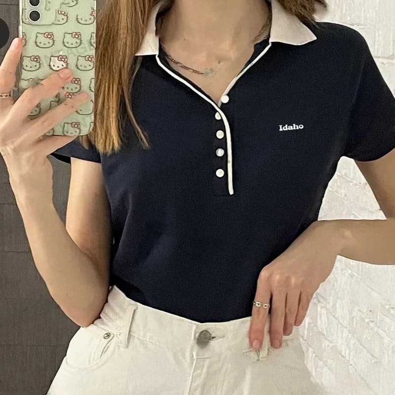 Slim Fit Vintage American Black Neck Knitted Short Sleeve T-Shirt Women Summer Top Straight Tube Shape Regular Length