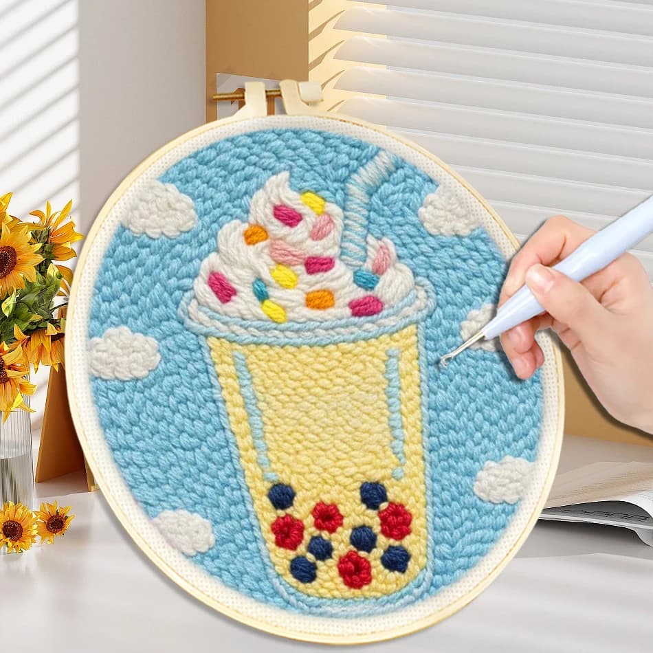 Bubble Tea Punch Needle Embroidery Starter Kits Rug Hooking Punch Needle Tool With Threader Fabric Wool Yarn DIY Craft Set