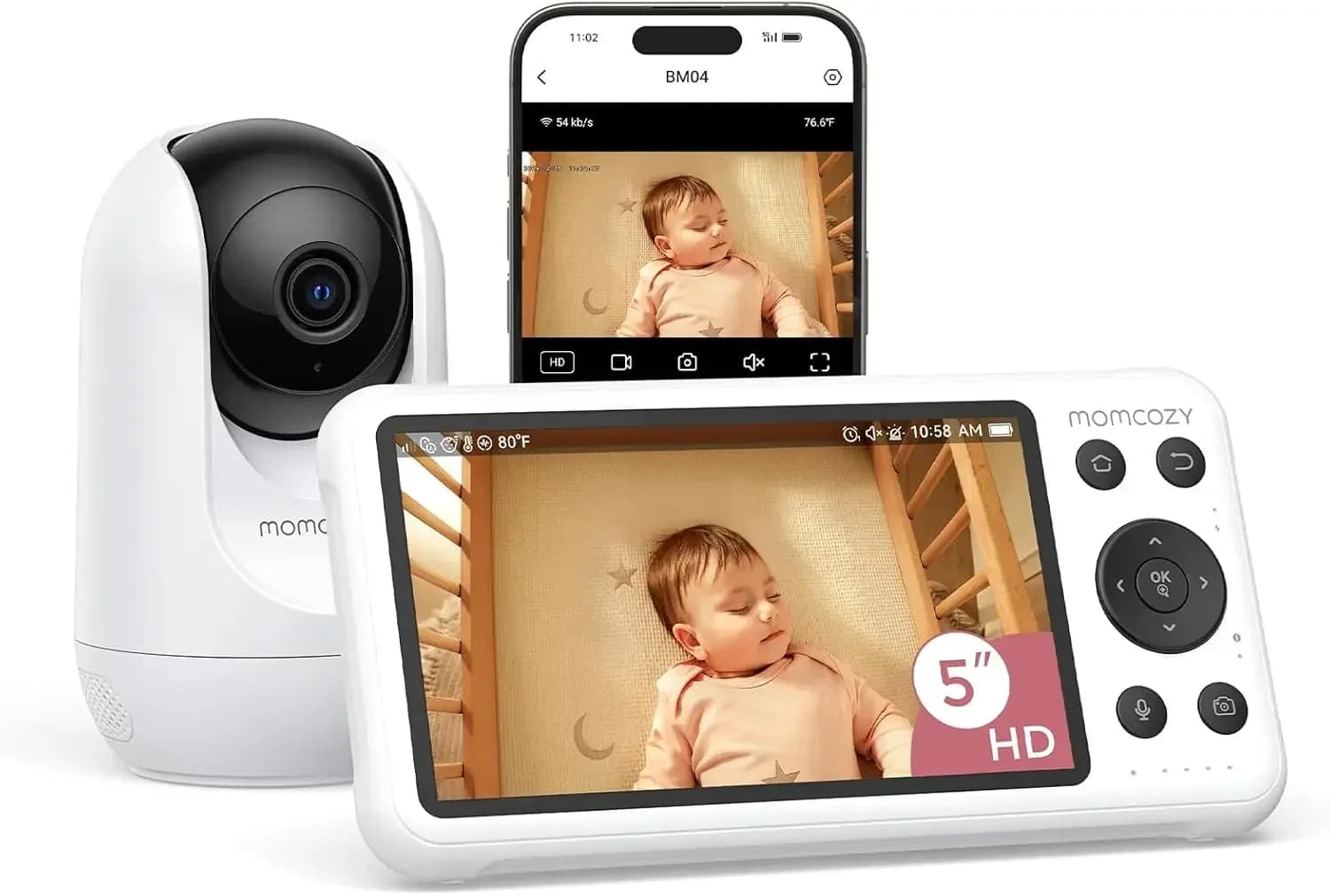 Baby Monitor Smart WiFi con Telecamera e Audio, Schermo da 5'' 1080P con Supporto a Parete, Rilevamento Movimento e Pianto, Recinzione di Sicurezza, Visione Notturna Nitida