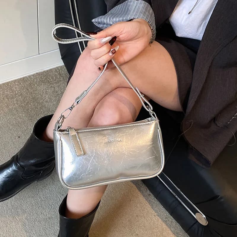 Korean Spring/Summer New Crossbody Bag Fashion Women'S Shoulder Bag Silver Underarm Small Square Bag Pu Handbag
