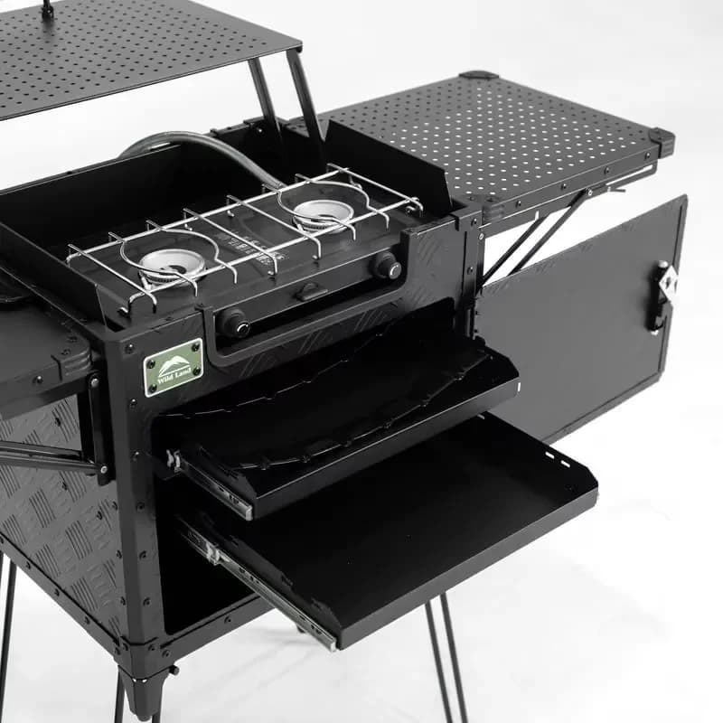 Deluxe Family Camping Kitchen Setup Dual Stove System with Cutting Board and Added Height for Comfortable Cooking for Outdoor