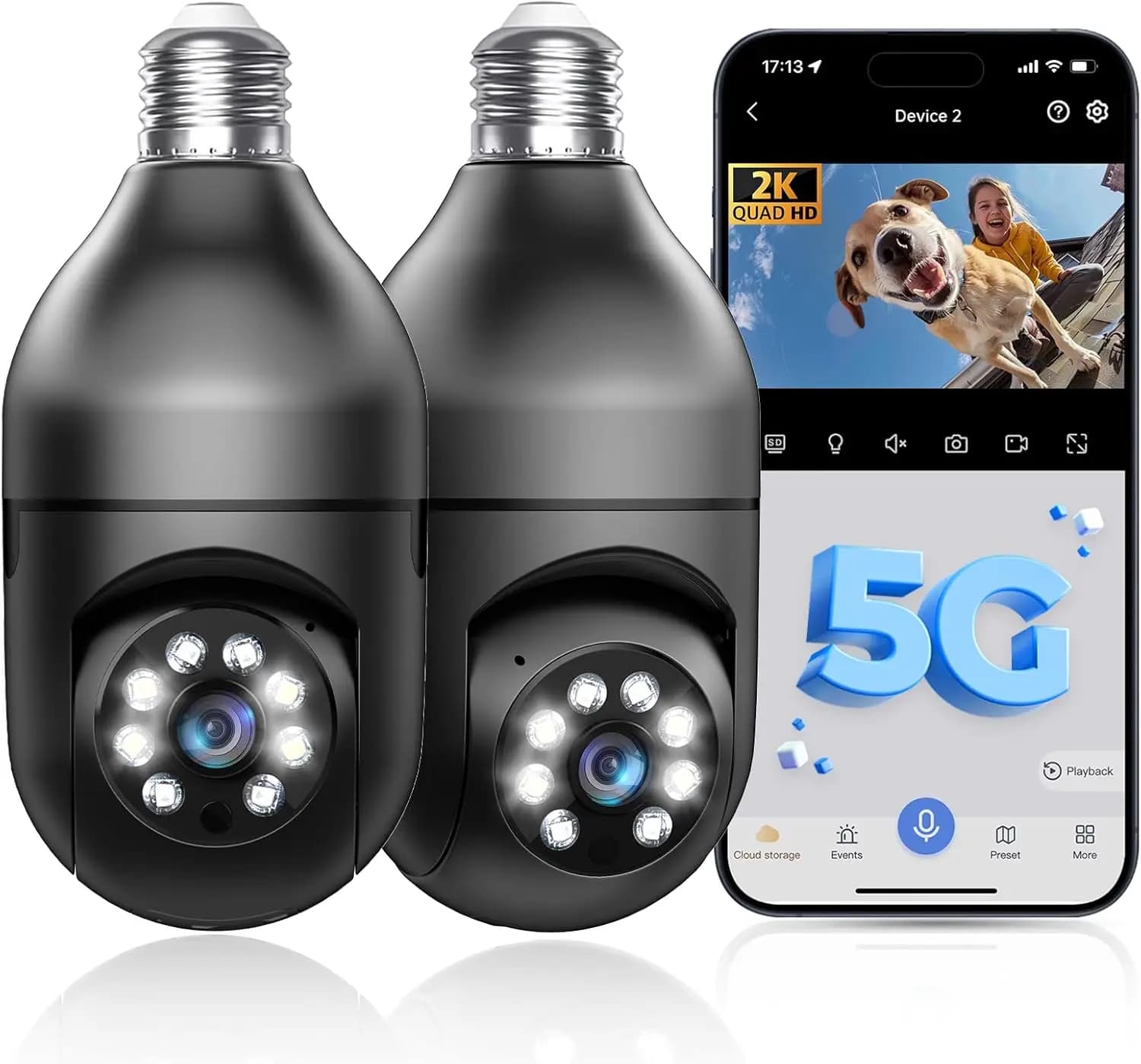 Telecamera di sicurezza wireless per esterni con lampadina, 2K HD, rilevamento del movimento, audio bidirezionale e visione notturna a colori