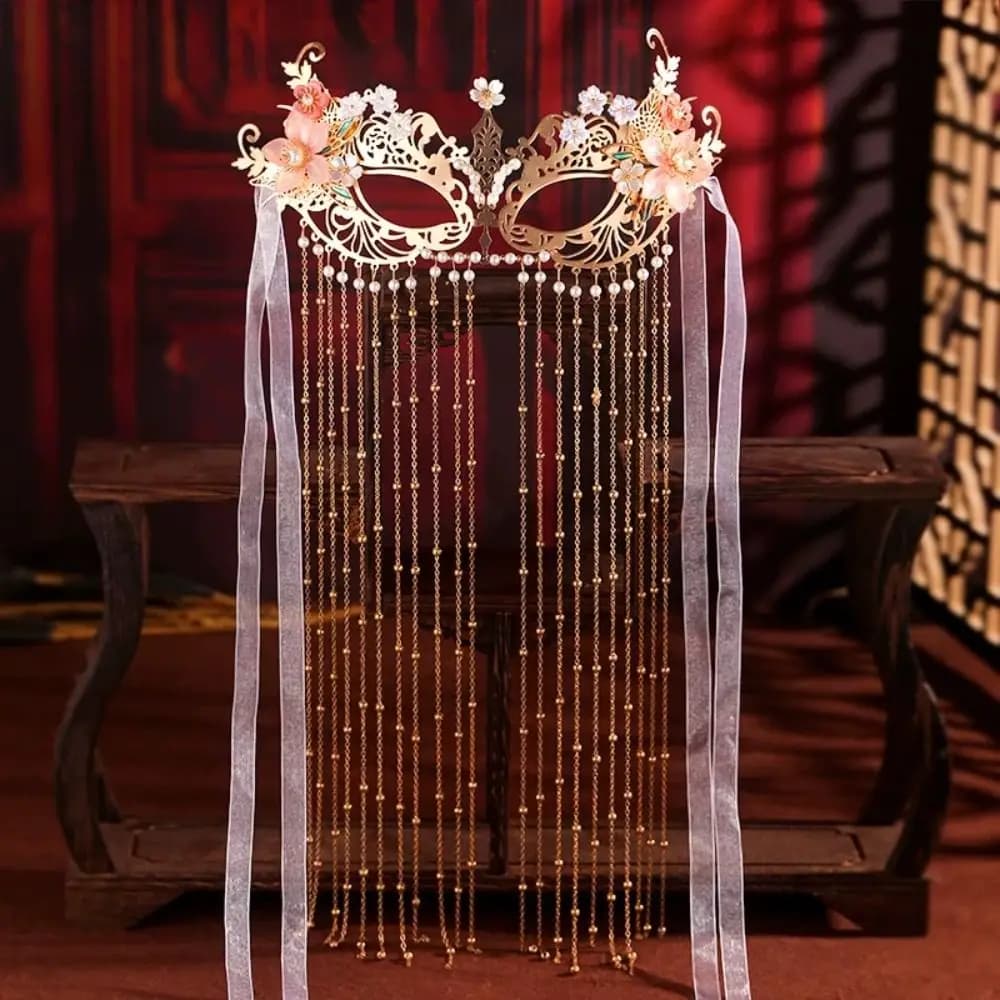 Bride Mask in League with Pearls and Flowers, Mysterious Veil with Nappine for Cosplay and Female Accessories