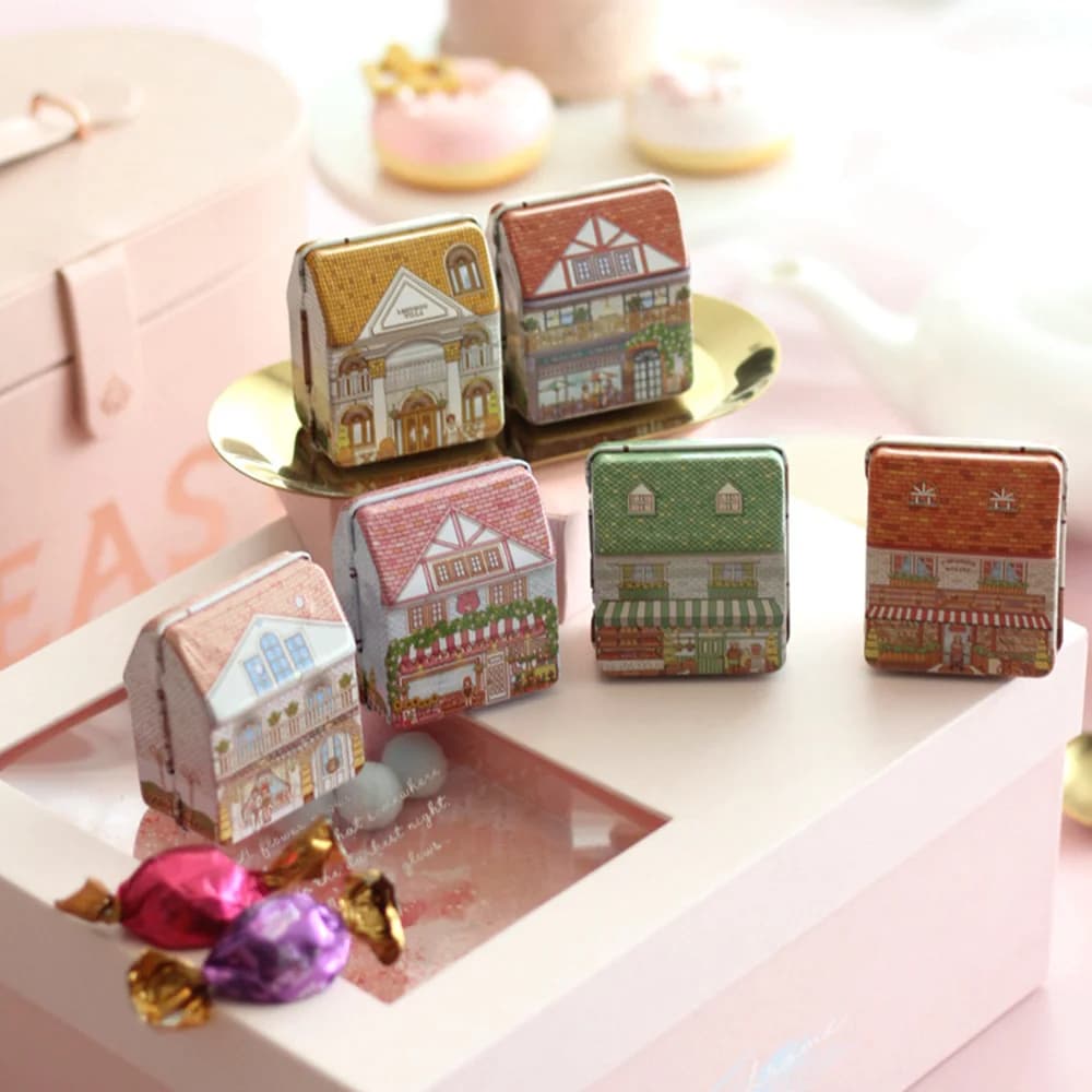 6Pcs Mini House Shaped Tin Boxes Metal Storage Boxes with Hinged Lid Vintage European Style Multi Purpose Candy Organizer