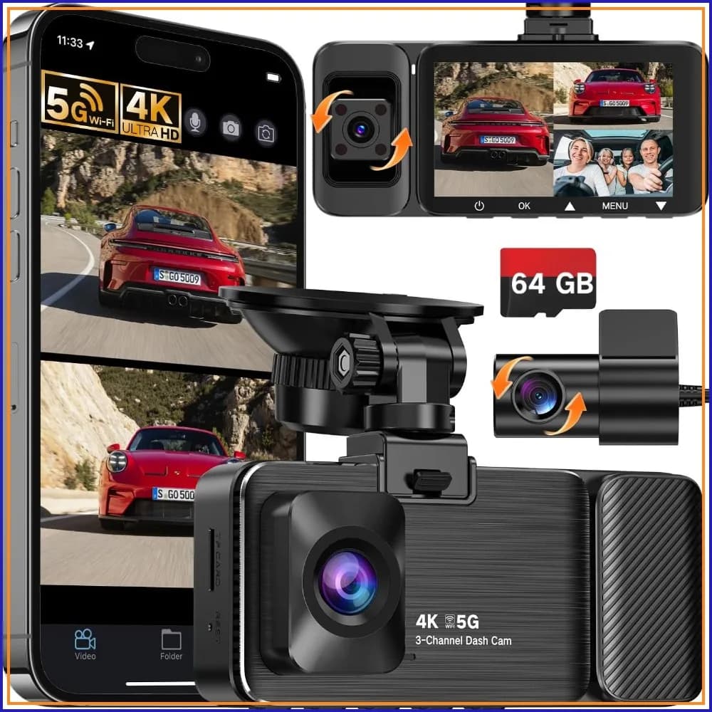 4K UHD 3 Channel Dash Cam, Free 64GB Card, 360° Full-View, Night Vision, Parking Mode, G-Sensor, 5GHz WiFi