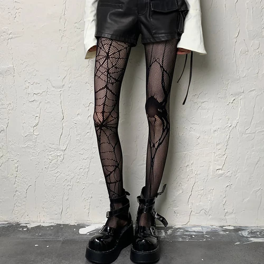 Calze a Rete Asimmetriche Punk Gothic con Ragni, Collant Sexy Neri da Donna per Halloween, Accessori per Cosplay e Feste in Club