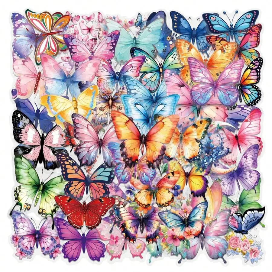 62Pcs Colorful Butterfly Stickers Pack, Aesthetic Stickers For Suitcase, Journal, Scrapbook, Water Bottle, Laptop, Computer, Skateboard, Notebook,PET Transparent Sticker