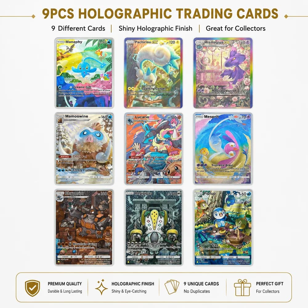 9PCS PTCG Anime Full Art Holo Trading Card Collection Manaphy Pachirisu Mismagius Lucario Mesprit Premium Foil Collector Set