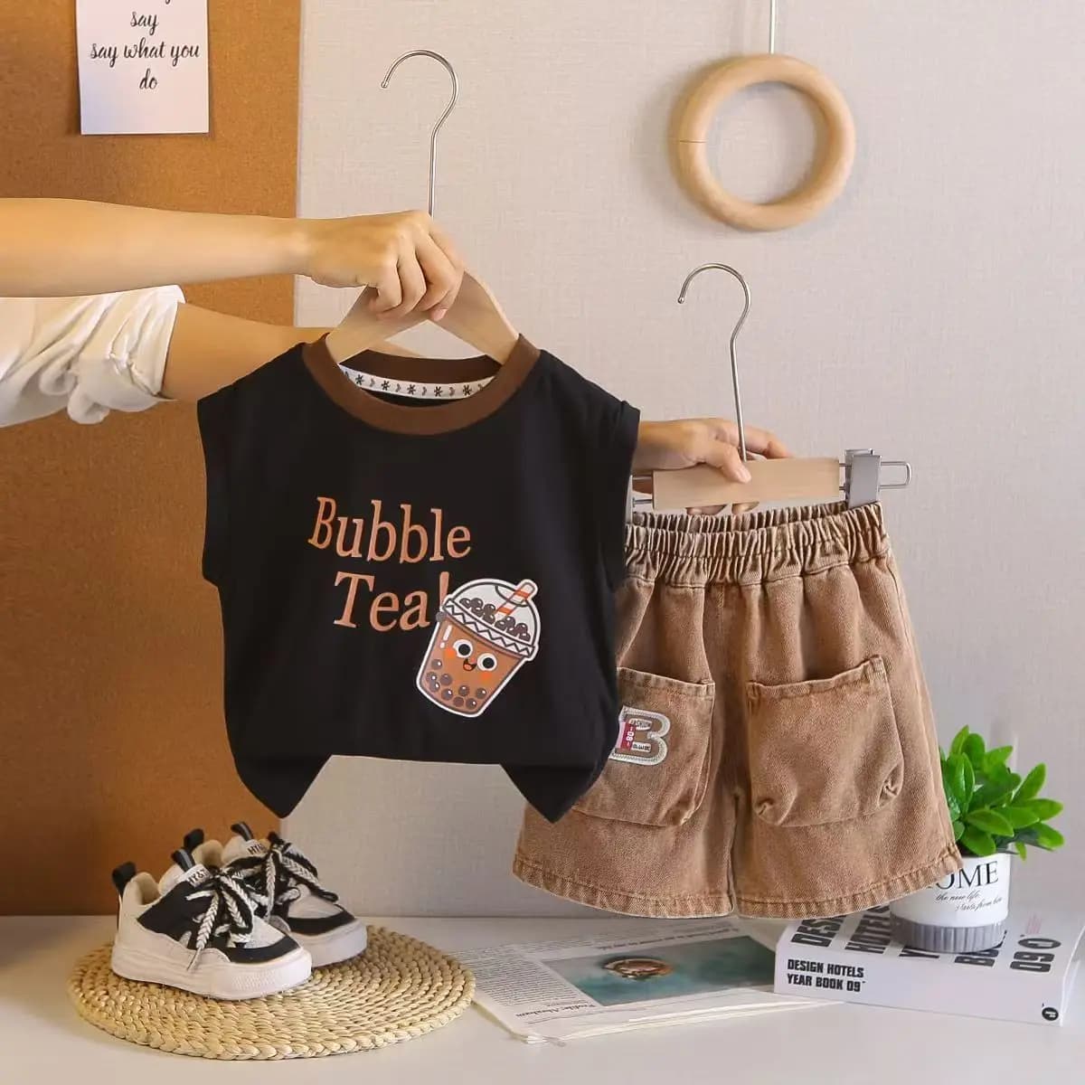 Adorable Bubble Tea Print Baby Outfit, Soft Cotton Tank Top + Elastic Waist Cargo Shorts for Boys