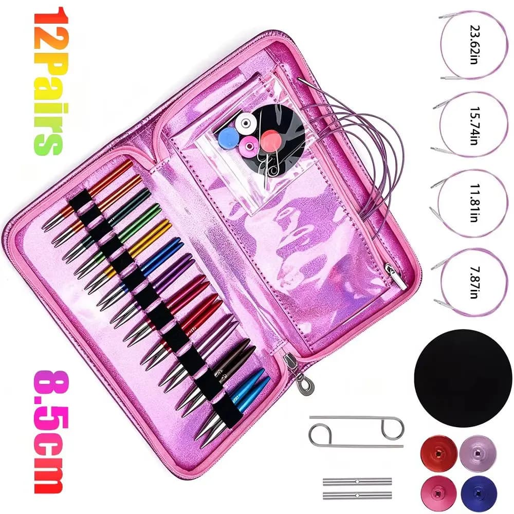 Multicolor Interchangeable Circular Knitting Needle Set | 3.34in Weaving Needles, 12 Pairs 3.0-8.0mm Aluminum for Socks Sweater