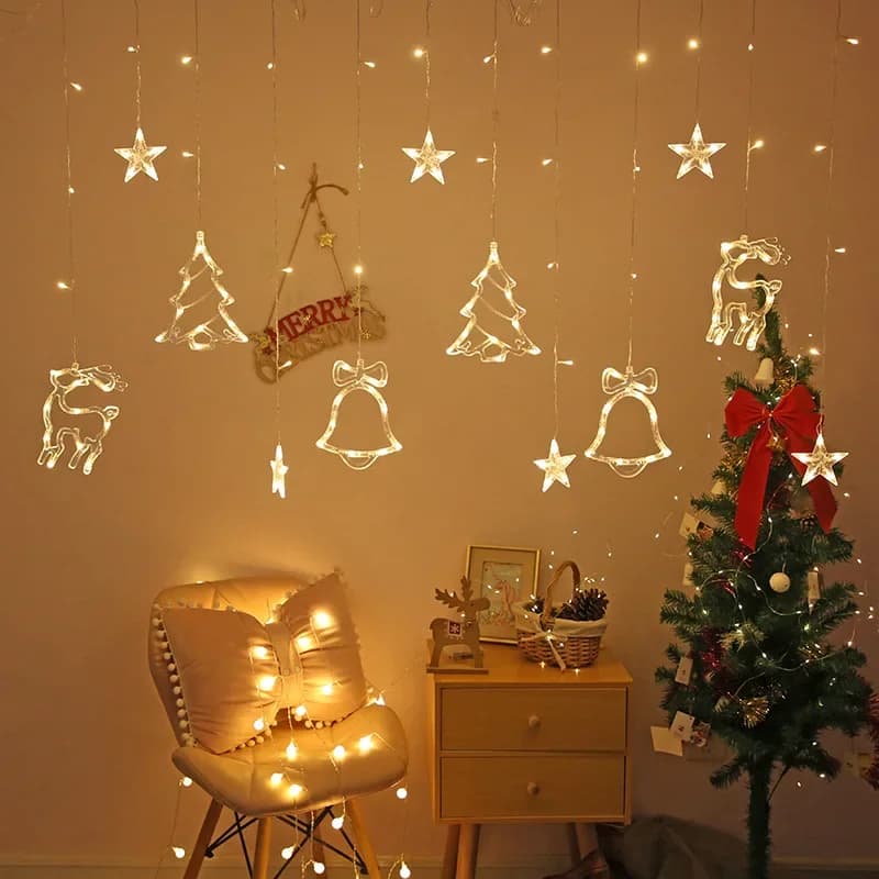 Christmas Fairy Curtain String Lights 3.4M LED Star Deer 220V 110V ghirlanda festone per albero di natale capodanno Navidad Party Decor
