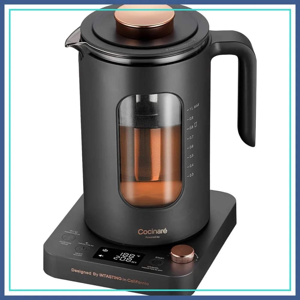 Bollitore elettrico con infusore, ±1 ℉ Controllo della temperatura, vetro senza BPA, riscaldamento rapido 1200W, 1L grigio scuro