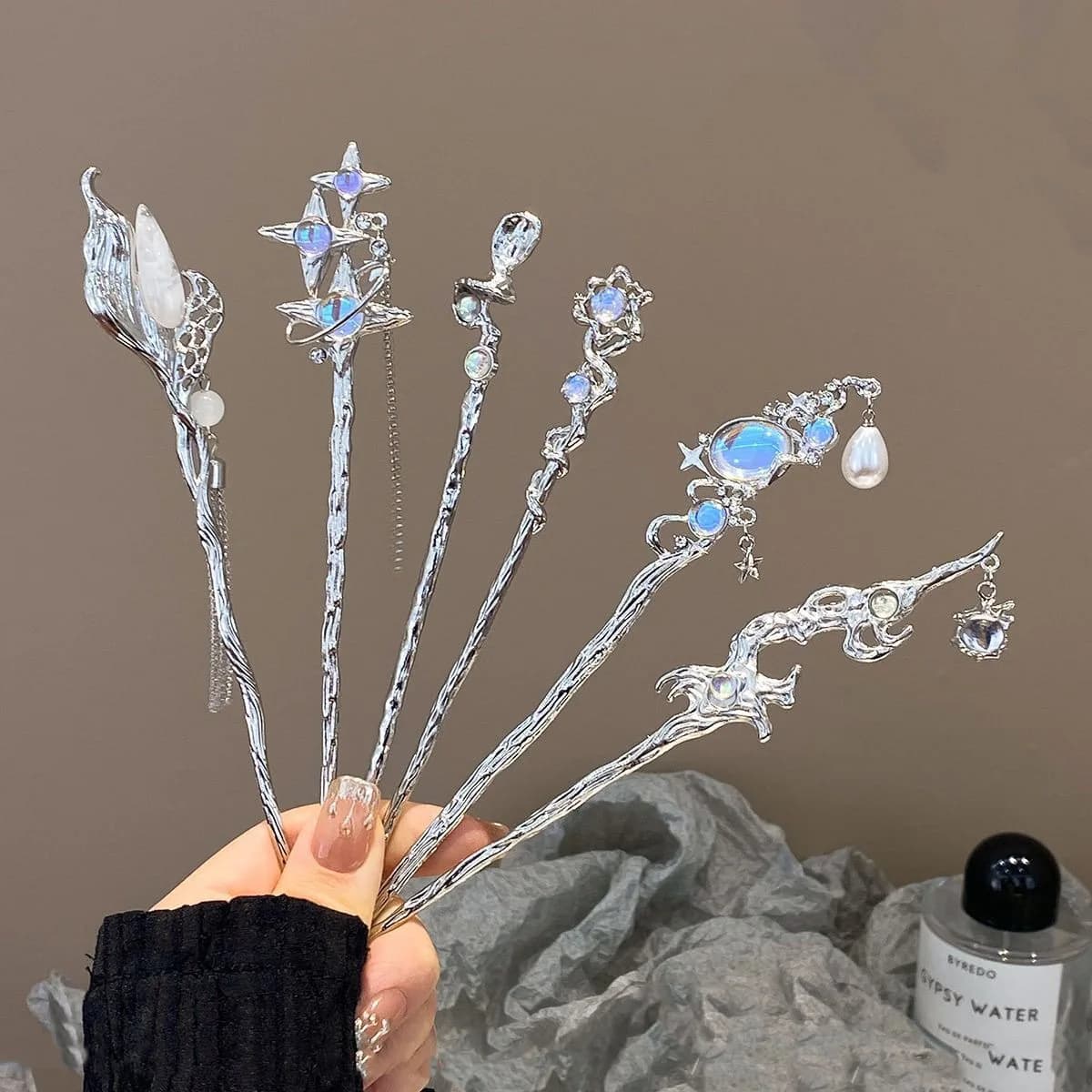 1/6 pezzi moda stile cinese ago per capelli gioielli in pietra di luna adatti per l'uso quotidiano da festa accessori romantici per forcina dolce da donna