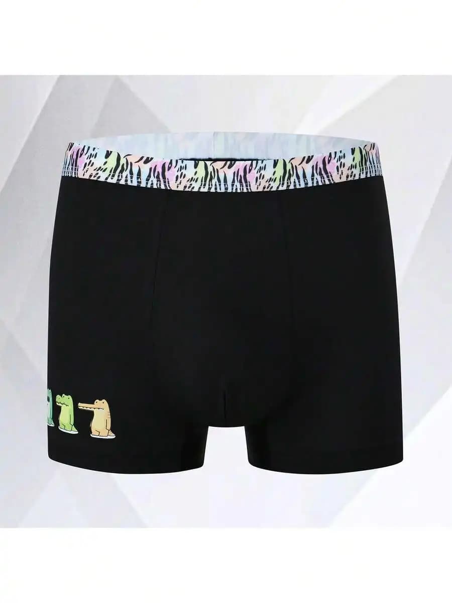 Mens High Stretch Knitted Boxer Briefs With Cartoon Crocodile Print And Zebra Waistband