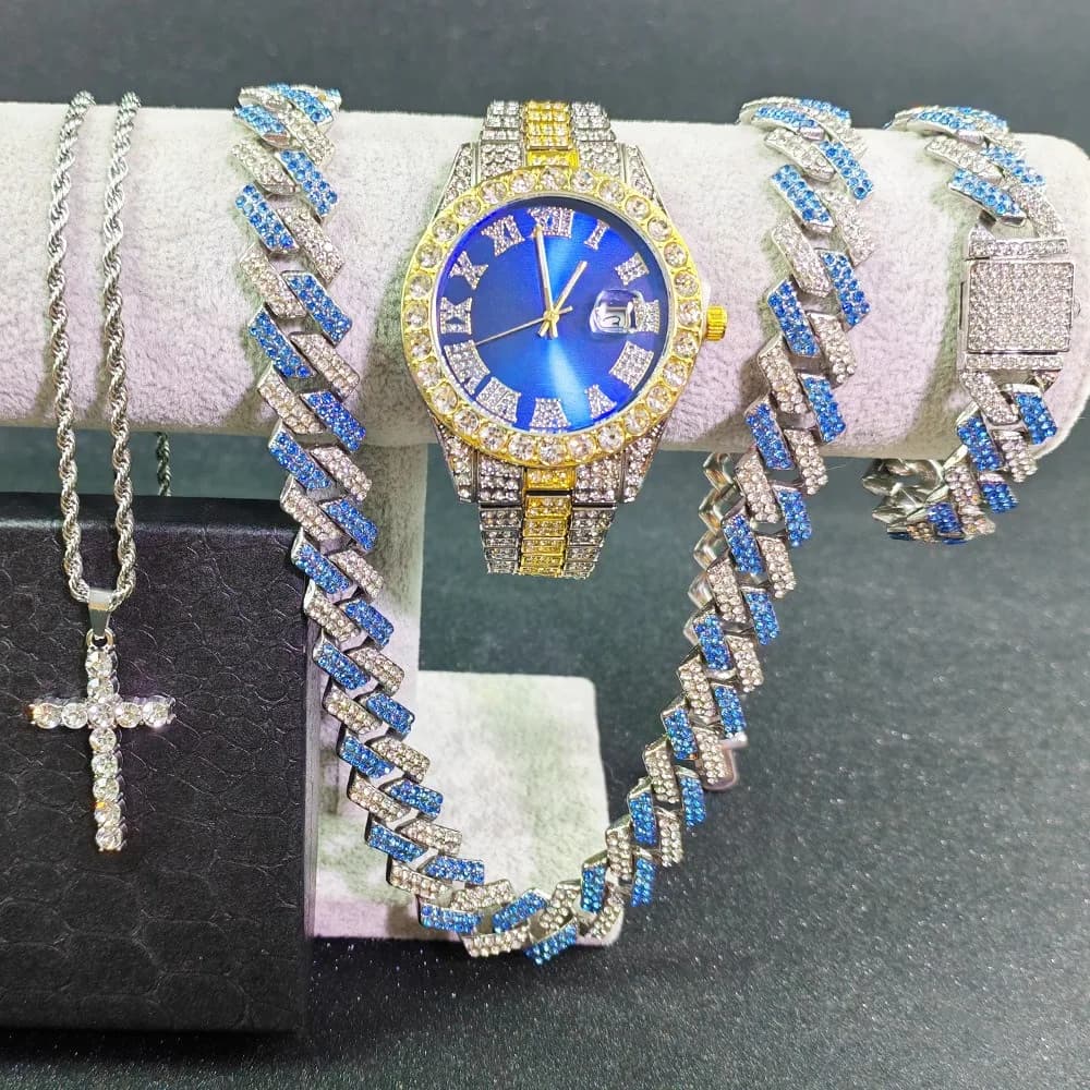 4 pcs/set Hip Hop Necklace with cross pendant Set of men's watches Iced Out Cuban Link Blue Bracelet Men's Jewelry
