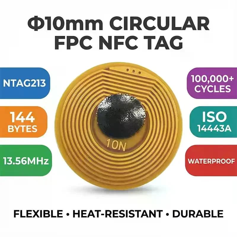 10 Pezzi Tag RFID NFC FPC da 10mm di Diametro, Mini Schede NXP NFC213 13.56MHz Anti-Contraffazione e Anti-Metallo, Carte RF Passive
