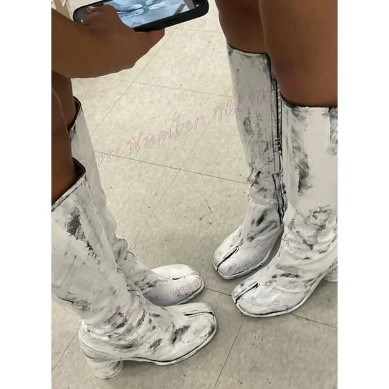 Stivali Tabi al Ginocchio Tie-Dye con Punta Divisa e Tacco Alto Chunky per Donne, Scarpe Vintage in Pelle Opaca 2023 Zapatos Para Mujer