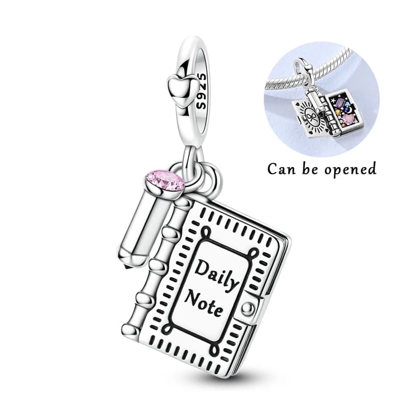 Stylish 925 Sterling Silver Inlaid Gemstone Notebook And Pen Charms Pendant Fit Original Bracelet DIY Women Wedding Jewelry Gift