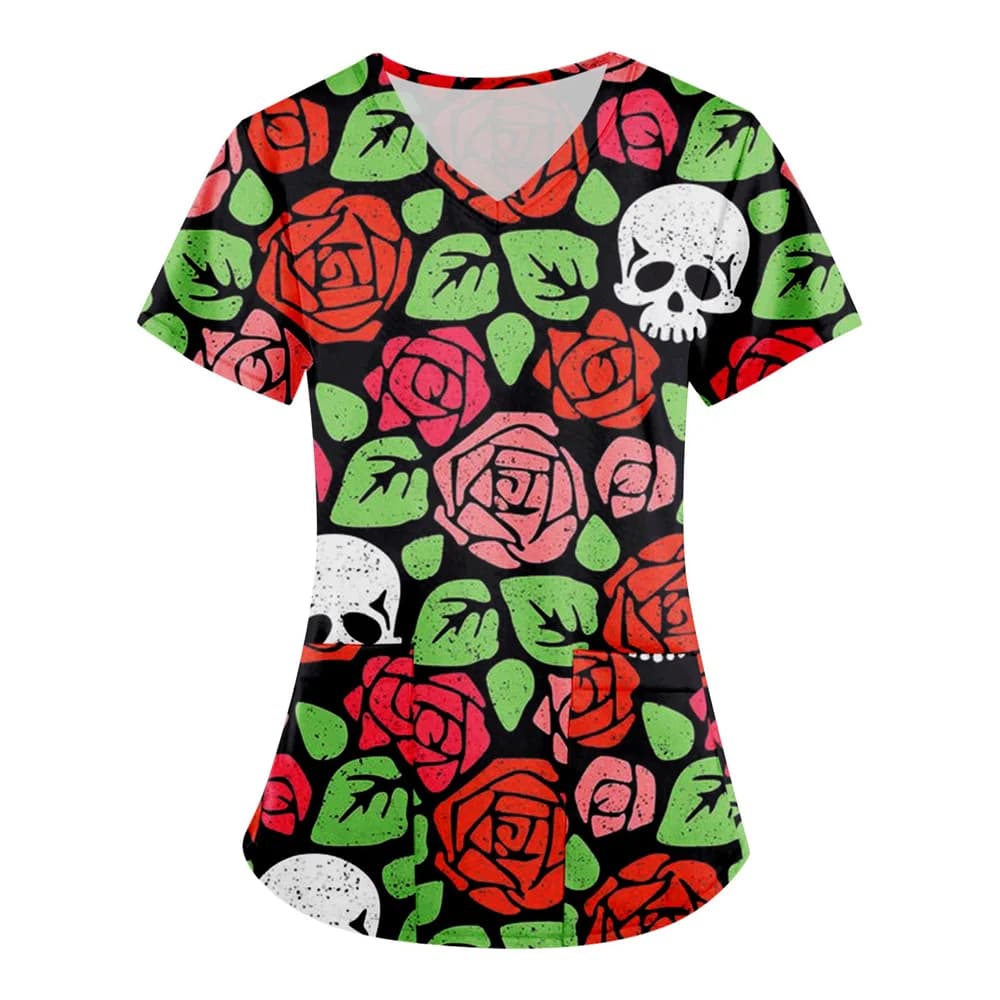 Uniforme da infermiera con stampa di Halloween da donna, top con scollo a v a maniche corte, camicetta con tasca a tunica sanitaria, tuta da donna, uniforme da lavoro